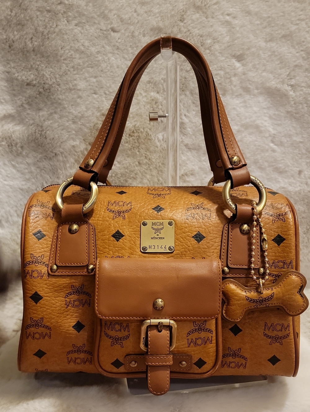 MCM Cognac Logo Visetos Satchel with Gold Hardware and Dog Bone Purse Charm